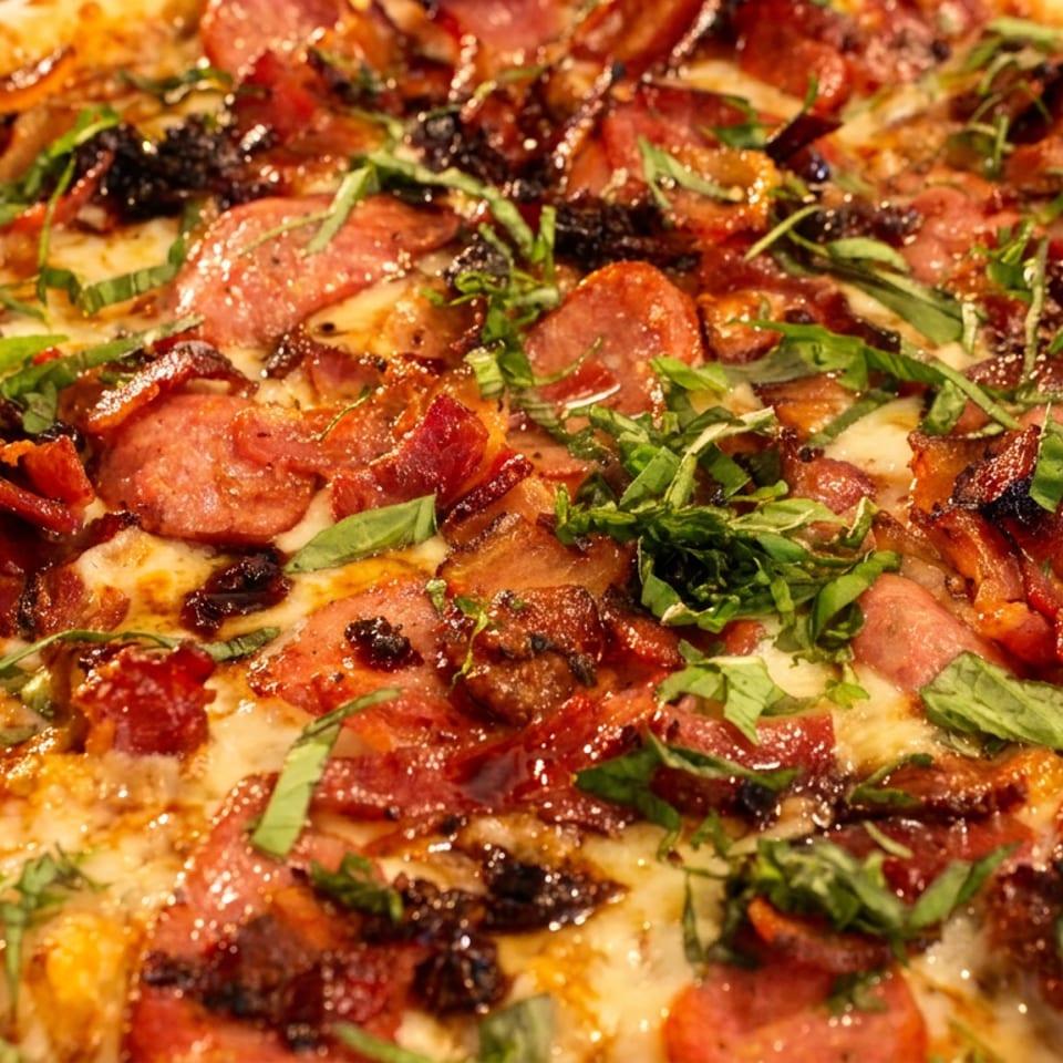 Close-up of a pizza topped with pepperoni, bacon, caramelized onions, and fresh basil.