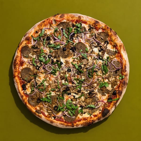 Whole pizza with mushrooms, black olives, red onions, and basil on a green background.