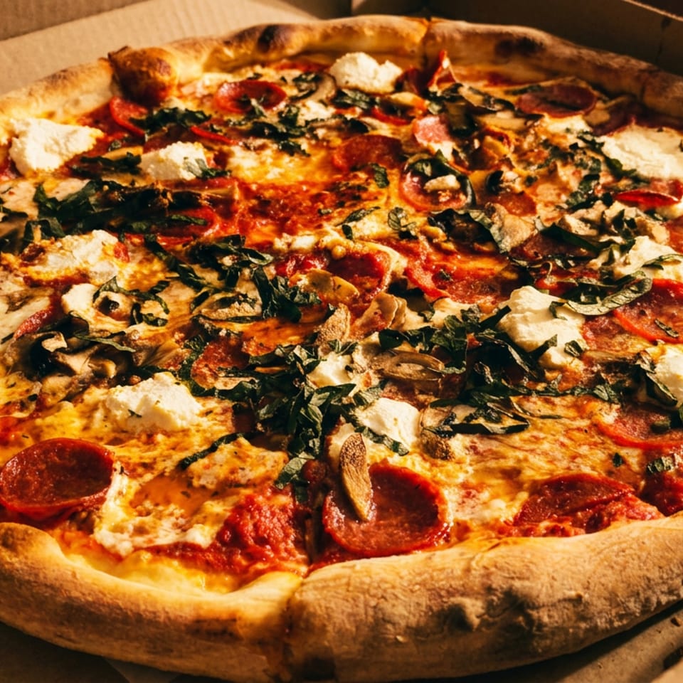 A whole pepperoni, mushroom, and ricotta pizza in a cardboard delivery box.