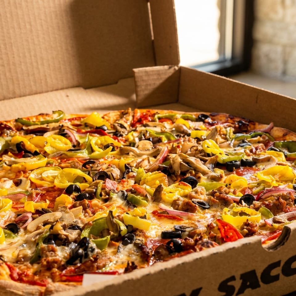 A large, colorful pizza with various toppings in an open cardboard box.