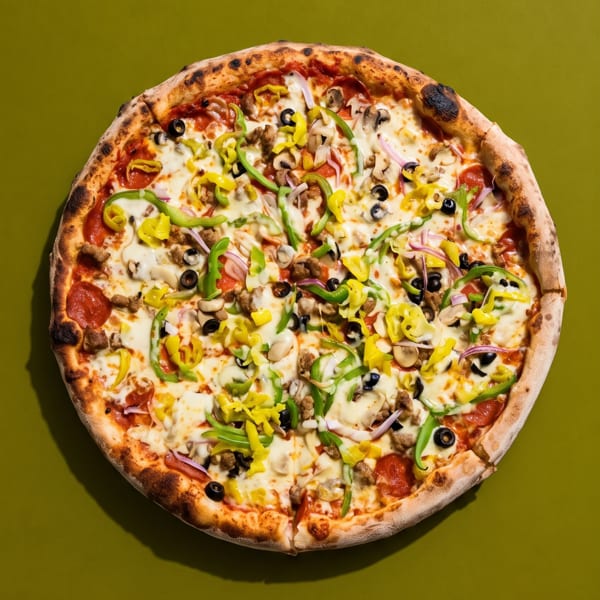 A whole pizza with pepperoni, sausage, mushrooms, olives, onions, and peppers on a green background.