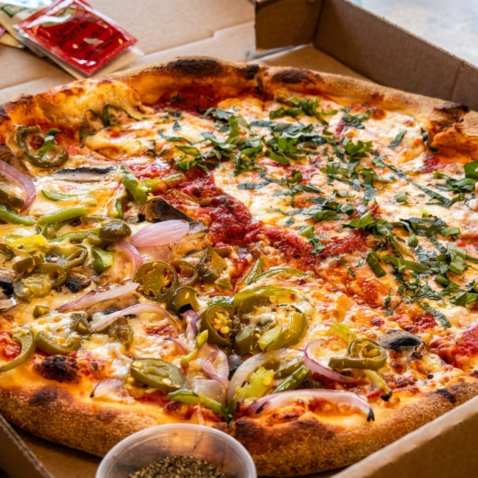Half-and-half pizza in a box, with one side topped with basil and the other with vegetables.
