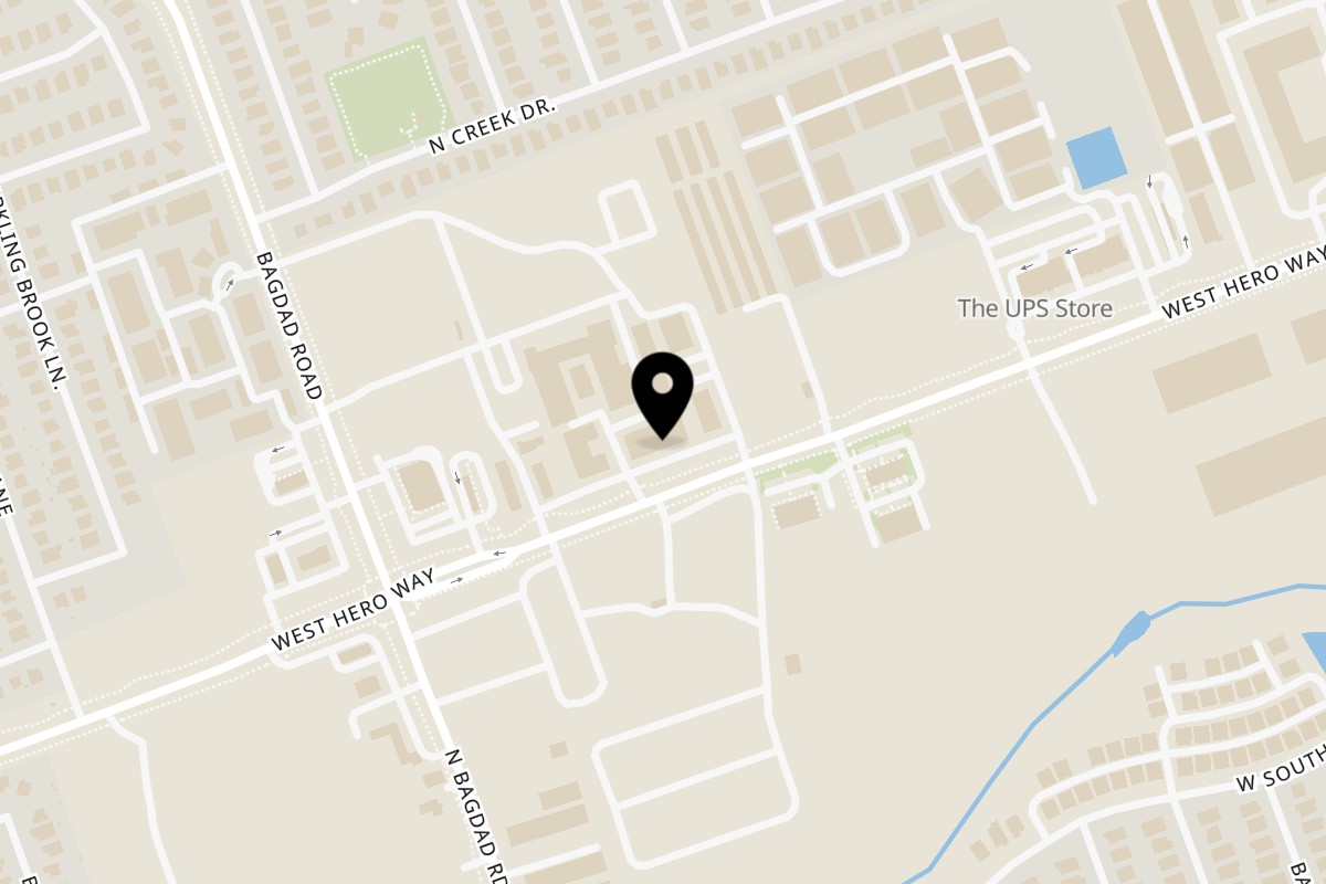 Map showing the location of Saccone's Pizza & Subs Leander on 11880 Hero Way W Ste 205 in Leander